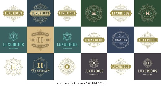 Vintage logos and monograms set elegant flourishes line art graceful ornaments victorian style vector template design. Classic ornate calligraphic for luxury crest royal heraldic boutique, restaurant