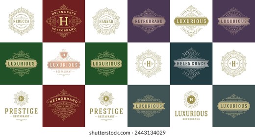 Logotipos y monogramas vintage conjunto elegante florituras line art adornos elegantes estilo victoriano diseño de plantilla vectorial. Clásico adornado caligráfico para lujo cresta real heráldica boutique, restaurante