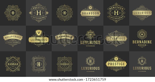 Vintage logos and monograms set elegant\
flourishes line art graceful ornaments victorian style vector\
template design. Classic ornate calligraphic for luxury crest royal\
heraldic boutique,\
restaurant