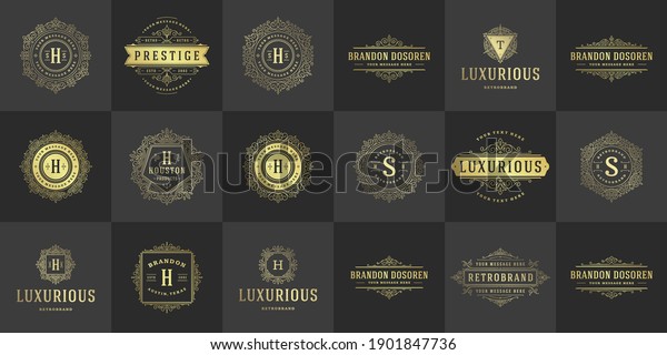 Vintage logos and monograms set elegant\
flourishes line art graceful ornaments victorian style vector\
template design. Classic ornate calligraphic for luxury crest royal\
heraldic boutique,\
restaurant