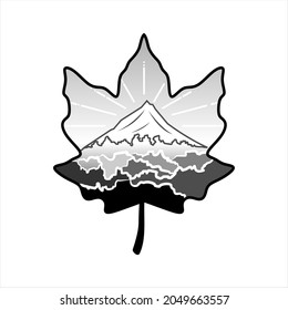 Vintage logos. morning scenery illustration. mountain and forest elements in maple leaf. Luxury vector Logo Template. Identity for your business company