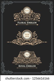 Vintage logos set. Flourishes emblems crest. Calligraphic monogram letter. Floral royal line design. Vector luxury frames, restaurant, boutique, heraldic, cafe, hotel