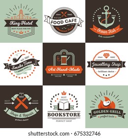 Vintage logos of shops hotel and cafe design concept with ribbons rays and stars isolated vector illustration 