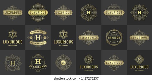 Vintage logos templates set, vector flourishes calligraphic elegant ornaments frames and borders. Badges and monograms for luxury crest, boutique brand, wedding shop, hotel sign, fashion designer.