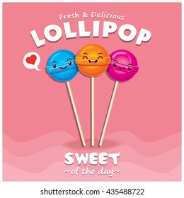 Vintage lollipop poster design set with lollipop character.