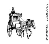 A vintage London cab. Horse-drawn carriage. Vector illustration with black lines isolated on white background in a cartoon and hand drawn style.