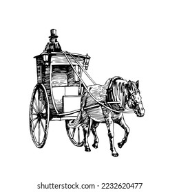 Un taxi londinense vintage. Carruaje tirado por caballos. Ilustración vectorial con líneas negras aisladas sobre fondo blanco en una caricatura y estilo dibujado a mano.