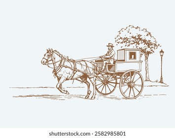 A vintage London cab. Horse-drawn carriage. Vector illustration with black lines isolated on white background in a cartoon and hand drawn style.