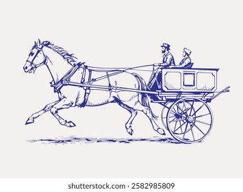 A vintage London cab. Horse-drawn carriage. Vector illustration with black lines isolated on white background in a cartoon and hand drawn style.