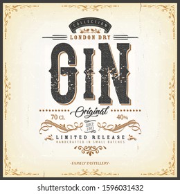 Vintage London Gin Label For Bottle/
Illustration of a vintage design elegant london dry gin label, with crafted lettering, specific product mentions, textures and hand drawn patterns