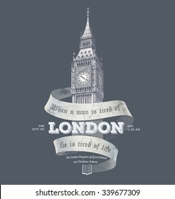 Vintage London graphics with Big Ben for t-shirt and postcard printing | vector illustration 