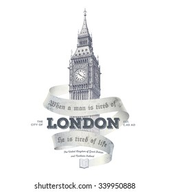 Vintage London graphics with Big Ben for t-shirt and postcard printing | vector illustration 