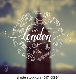 Vintage London graphics for t-shirt, brochure and postcard printing on blurred background with Big Ben | hand drawn vector illustration