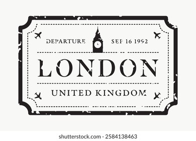 Vintage London travel stamp design with Big Ben silhouette. Features 'London,' 'United Kingdom,' and 'Departure' text. Airplane icons add travel theme. Travel stamp vector.