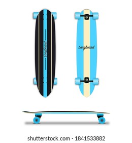 Vintage long board skate design. View from the front, back and side. Separate elements, vector illustration.