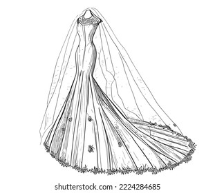 Vintage long wedding dress with veil on a mannequin sketch drawn in ink.Vector illustration.