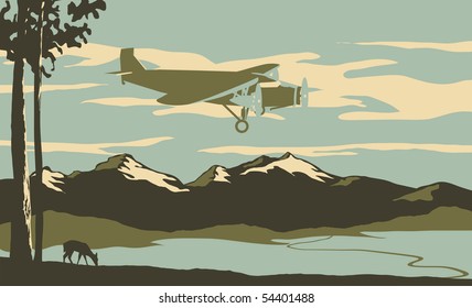 Vintage looking illustration of an airliner flying over the mountains.