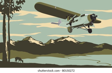Vintage looking illustration of an airliner flying over the mountains.