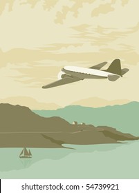 Vintage looking illustration of a DC3 flying over an ocean bay.