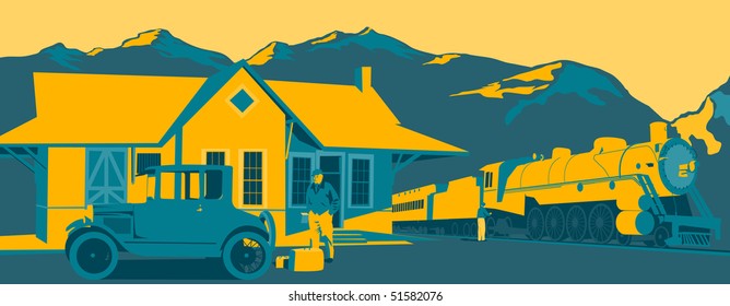 Vintage looking illustration of an old train station with a train.