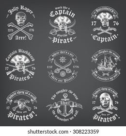 Vintage Looking Skull Pirate Logos and Insignia on a chalkboard background