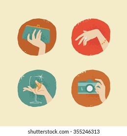 vintage looking vector female hands with accessories icons