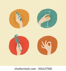 vintage looking vector female hands with accessories icons set 02