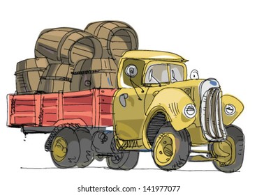 vintage lorry loaded with barrel - cartoon