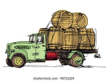 vintage lorry loaded with barrel - cartoon