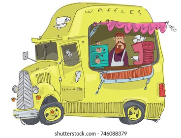 Vintage Lorry Modified As Street Fast Food Cafe. Waffles Cafe. Cartoon.