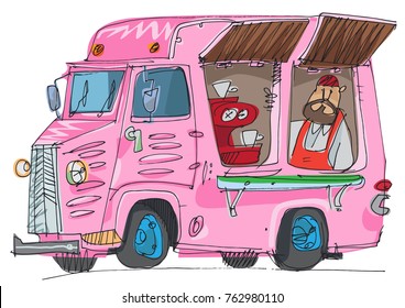 Vintage Lorry Modified As Street Fast Food Cafe. Waffles Cafe. Cartoon.