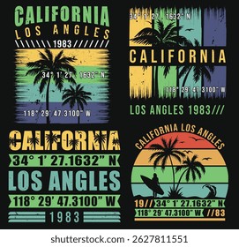 Design antigo de Los Angeles com palmeiras icônicas, um pôr do sol e ondas oceânicas. Este gráfico retrô é perfeito para roupas, lembranças de viagens e obras de arte com tema de verão.