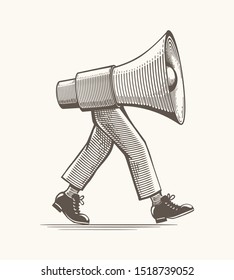 Vintage loudspeaker on feets. Funny old engraved style illustration with megaphone on human legs for communication or advertising concepts, vector icon