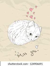 Vintage love card with kitten. Vector illustration EPS8