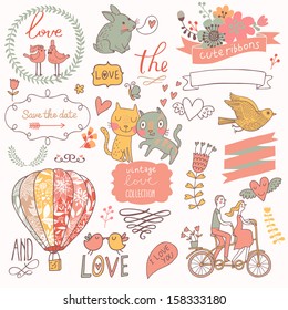 Vintage love collection: flowers, labels, laurel, hearts, birds, cats, rabbit, air-balloon, bicycle. Graphic set in retro style