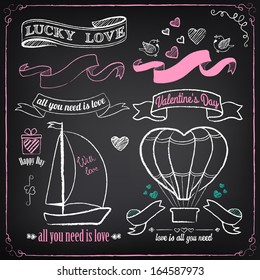 Vintage love collection: gift, boat, hearts, birds, air-balloon, ribbons. Chalking, freehand drawing