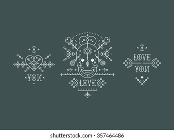 Vintage love elements with line romantic and abstract shapes. Vector lines, heart, skull,  typography on gray background. Hipster style