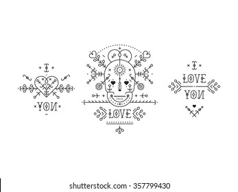 Vintage love elements with line romantic and abstract shapes. Vector lines, heart, skull,  typography on white background. Hipster style