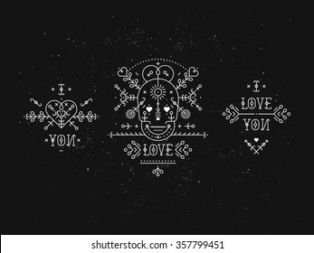 Vintage love elements with line romantic and abstract shapes. Vector lines, heart, skull,  typography on black background with grunge texture. Hipster style