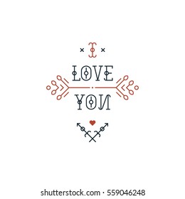 Vintage love elements with line, text, arrows and abstract shapes. Vector illustration on white background, tattoo design, Black and red