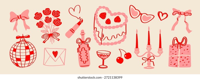 Vintage Liebeselemente Set. Retro Valentinstag Doodle Illustrationen mit eleganten Kokettherzen, Bögen, Kuchen, Disco-Ball, Blumen und Kirschen. Romantische handgezeichnete Hochzeits-Vektorsammlung.