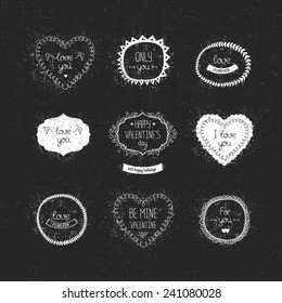 Vintage love labels, frame and decorative elements. Vector valentine collection for design on black background with antique texture