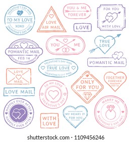 Vintage love letter postcard, Valentines Day postmarks. Stamps with hearts, orange purple red blue pink mail seal for wedding postcards with love. Romantic relationships travel postal vector stamps