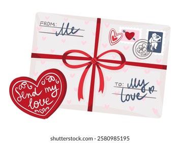 Vintage love letter and valentine greeting card. Vector illustration in flat style. Cute envelope with love message and hearts. Template for St Valentines greeting card