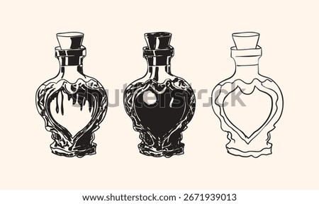 Vintage love potion set with gothic Halloween bottles and elixirs. Perfect for spooky art, witchcraft designs, vampire themes, horror party decor, stickers, retro fantasy projects.