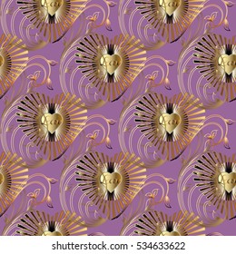 Vintage love seamless pattern background wallpaper card  illustration with decorative radial gold 3d love hearts, flowers, leaves and elegance tender love ornaments. Luxury vector endless love texture