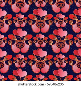 Vintage love seamless pattern. Blue floral background wallpaper illustration with pink red love hearts, swirl line art ornaments, abstract flowers and leaves. Vector luxury texture for cards, cover