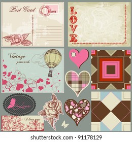 Vintage love set, postcards, hearts, roses, labels and seamless patterns