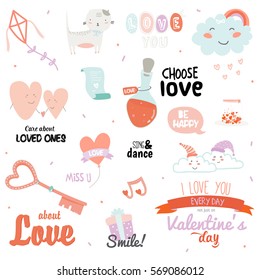 Vintage love set of Valentines day design holidays elements. Card for Valentine's day, wedding, marriage, save the date, bridal. Vector romantic and cute symbols: flowers, hearts, birds, sweets.