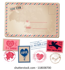 Vintage Love Valentine Postcard and Stamps - for design, invitation, scrapbook - in vector